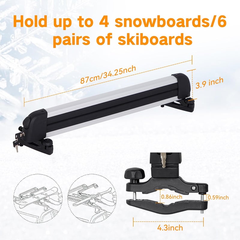 HIKULA Ski& Snowboard Roof Racks, Ski Roof Racks with Anti-Theft Lock Racks Carrier for Snowboards Universal Ski Top Holder Fits for Square/Aero/Oval Cross Bars, Sliver, Large - Image 2